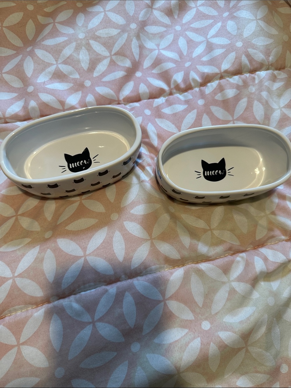 White Ceramic Cat Bowls with Cute Black Cat Motif - Set of 2
